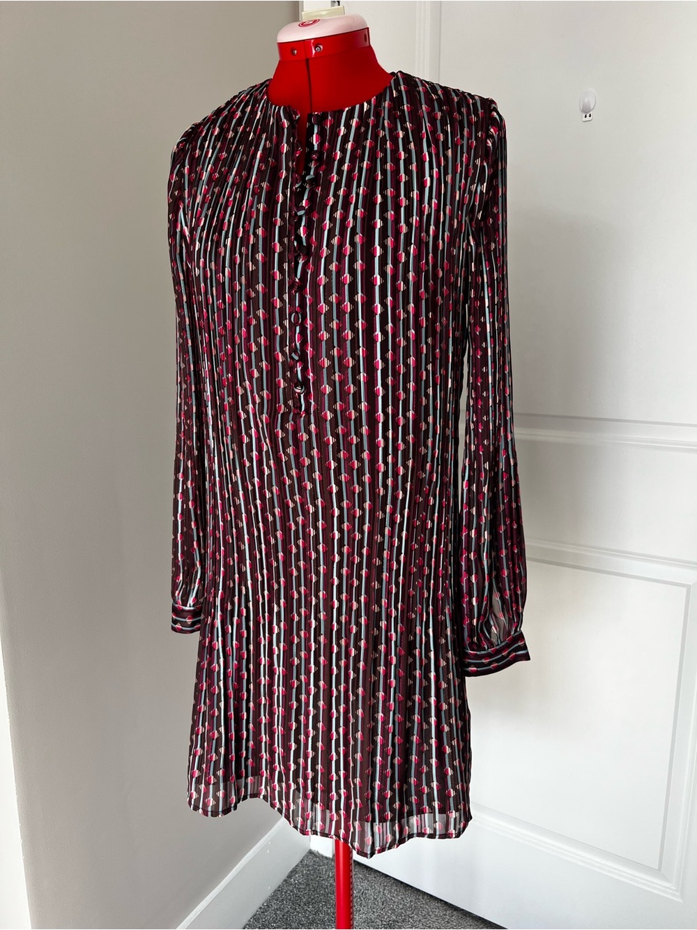 Reiss Black Dress with Pink Geometric Print — Long Sleeve Pleated